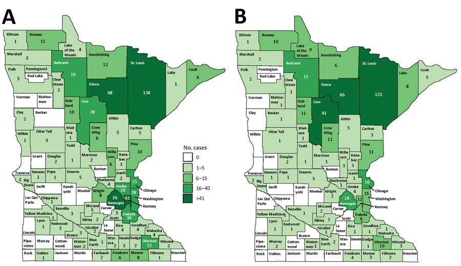 Blastomycosis cases, by county of residence (A; n = 670) and probable county of exposure (B; n = 463), Minnesota, USA, 1999–2018.