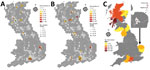 Thumbnail of Results for deer serum samples and ticks tested for tick-borne encephalitis virus, United Kingdom. A, B) Number of samples tested and seroprevalence of samples positive by ELISA (A) and HAI (B). C) Number of ticks tested by county; inset shows magnification of testing area with ticks positive by real-time reverse transcription PCR. HAI, hemagglutination inhibition. Source: Ordnance Survey data, © Crown copyright and database right 2019; and National Statistics data, © Crown copyrigh