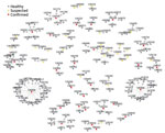 Thumbnail of Network diagram for monkeypox cases and contact persons in Nigeria notified November 2017–July 2019. The nodes are labeled with unique identifiers for each person and colored by their classification status. Among case-patients, &gt;1 contact person was reported for 57 (24%). The average number of contact persons/case-patient was 3 (quartiles 1–4, range 1–23). Arrows show the possible direction of infection transmission.