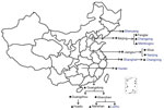 Thumbnail of Geographic location of participating local Centers for Disease Control and Prevention in CaliciNet China, October 2016–September 2018. Star indicates provincial/municipality laboratories; circle, city laboratories; triangle, district/county laboratories. Laboratories that participated in CaliciNet China: black, April 2016; blue, April 2017.