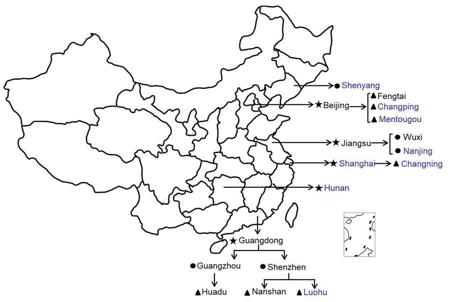 Geographic location of participating local Centers for Disease Control and Prevention in CaliciNet China, October 2016–September 2018. Star indicates provincial/municipality laboratories; circle, city laboratories; triangle, district/county laboratories. Laboratories that participated in CaliciNet China: black, April 2016; blue, April 2017.