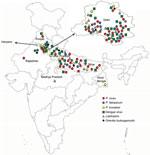 Thumbnail of Locations of malaria patients with co-infections, India, July 2017–September 2018. Close-up view of Delhi state is provided.