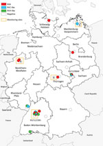 Thumbnail of Distribution of common shrews (Sorex araneus) collected at monitoring sites (9) and additional sites (10) in Germany, 2004–2014, positive and negative for RVA, RVC-like, and RVH-like species by reverse transcription PCR. Numbers in white circles indicate the number of negative samples at that collection site; white circles without numbers indicate 1 negative sample at that site. Circles with multiple colors indicate animals with co-infections. The collection sites of the 2 samples a