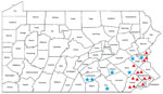 Thumbnail of Counties where confirmed babesiosis cases were thought to have been acquired during 2011–2018 according to previous studies (2–4) compared with cases seen at Penn State Health Milton S. Hershey Medical Center, Hershey, Pennsylvania, USA, during 2005–2018. Red triangles indicate cases from previous studies (not all cases shown); blue stars indicate cases seen at Hershey Medical Center. 