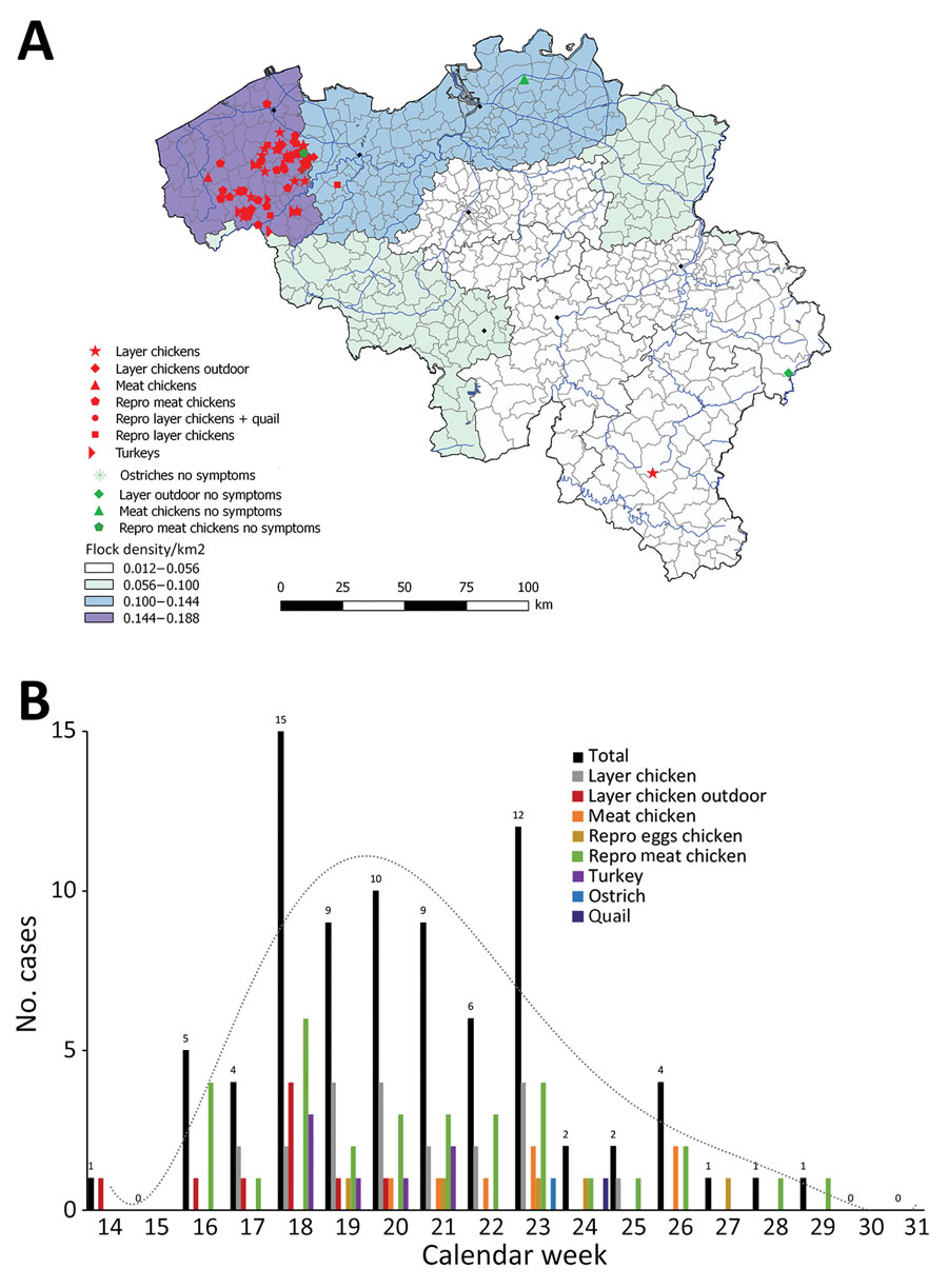 Outbreaks of avian influenza (H3N1) virus among poultry in Belgium, 2019. A) Geographic distribution; B) weekly number of newly identified farms with avian influenza (H3) and poultry species involved. Repro, reproduction.