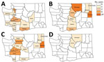 Thumbnail of Counties of likely exposure for autochthonous human tickborne disease cases, Washington, USA, 2011–2016. A) Lyme disease; B) tickborne relapsing fever; C) tularemia; D) Rocky Mountain spotted fever.
