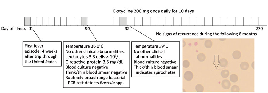 Timeline of the course of symptoms and treatment, including laboratory test results, for a patient with Borrelia miyamotoi infection (including Giemsa stain of thin blood smear on day 92), Austria. Arrows indicate spirochetes. Original magnification × 100.