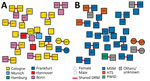 Thumbnail of Presence of drug resistance mutations by location (A) and by risk factor (B) for 1,397 patients with HIV, Germany, 2001–2018. DRM, drug resistance mutation; HTS, heterosexual; MSM, men who have sex with men; NNRTI, nonnucleoside reverse transcriptase inhibitor; NRTI, nucleoside reverse transcriptase inhibitor; PWID, persons who inject drugs.  