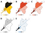Spatial distribution of key malaria indices across Conakry, Guinea, as assessed during the rapid epidemiologic–entomologic investigation, November–December 2018. Indices are shown grouped by commune within Conakry. A) Proportion of the population reporting sleeping in a space with a mosquito net hanging. B) Malaria prevalence (%) in the sample population >5 years of age, as determined by RDT during community survey. C) Malaria prevalence (%) in the sample population <5 years of age, as determined by RDT during community survey. D) Number of adult female Anopheles mosquitoes collected per night, averaged over 2 nights of collection. E) Annualized malaria incidence, reported as cases/1,000 population, diagnosed in local healthcare facilities. RDT, rapid diagnostic test.