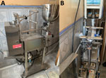 Thumbnail of Semiautomated packing machine for aqueous chlorhexidine in brand B manufacturing site, Hong Kong, China, A) Mixing compartment (I), transfer tube from mixing compartment to dispensing end (II), area in which unused plastic packages are threaded (III), collection tray of newly packed 25 mL 0.05% aqueous chlorhexidine (IV). B) mixing compartment (I), unused plastic package (II), unused plastic package funneled to dispensing end (III), heat seal of 0.05% aqueous chlorhexidine into 25-m