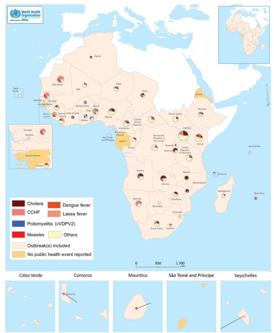 Geographic distribution of substantiated disease outbreaks selected in study of timeliness of key outbreak milestones in the WHO African Region, 2017–2019. CCHF, Crimean-Congo hemorrhagic fever; WHO, World Health Organization. cVDPV2, circulating vaccine-derived poliovirus type 2 