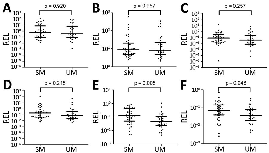 MiRNA validation in plasma samples of children with malaria, 2014, Mozambique. A) hsa-miR-122-5p; B) hsa-miR-320a; C) hsa-miR-1246; D) hsa-miR-1290; E) hsa-miR-3158-3p; F) hsa-miR-4497. RELs were calculated with respect to the mean of 2 endogenous controls (hsa-miR-30d-5p and hsa-miR-191–5p) and compared between children with SM and UM. Statistical differences were obtained by using the Mann-Whitney U test. Error bars represent medians and interquartile ranges. HRP2, histidine-rich protein 2; miRNA, microRNA; REL, relative expression levels; SM, severe malaria; UM, uncomplicated malaria.