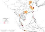 Thumbnail of Geographic distribution and size of dog and cat samples in study of ectoparasites and vectorborne zoonotic pathogens of dogs and cats in Asia, 2017–2018. Highlighted areas represent the geographic regions from which samples were collected in China, Indonesia, Malaysia, the Philippines, Singapore, Taiwan, Thailand, and Vietnam.