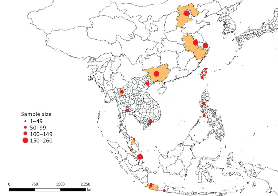 Geographic distribution and size of dog and cat samples in study of ectoparasites and vectorborne zoonotic pathogens of dogs and cats in Asia, 2017–2018. Highlighted areas represent the geographic regions from which samples were collected in China, Indonesia, Malaysia, the Philippines, Singapore, Taiwan, Thailand, and Vietnam.