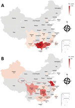 Thumbnail of Epidemiology maps for talaromycosis and histoplasmosis, according to the number of reported cases, China. A) Map for talaromycosis. Red border indicates Yangtze River region . B) Map for histoplasmosis. Red border indicates Pearl River Basin. Reports published in English during January 1950–October 2019 were searched.
