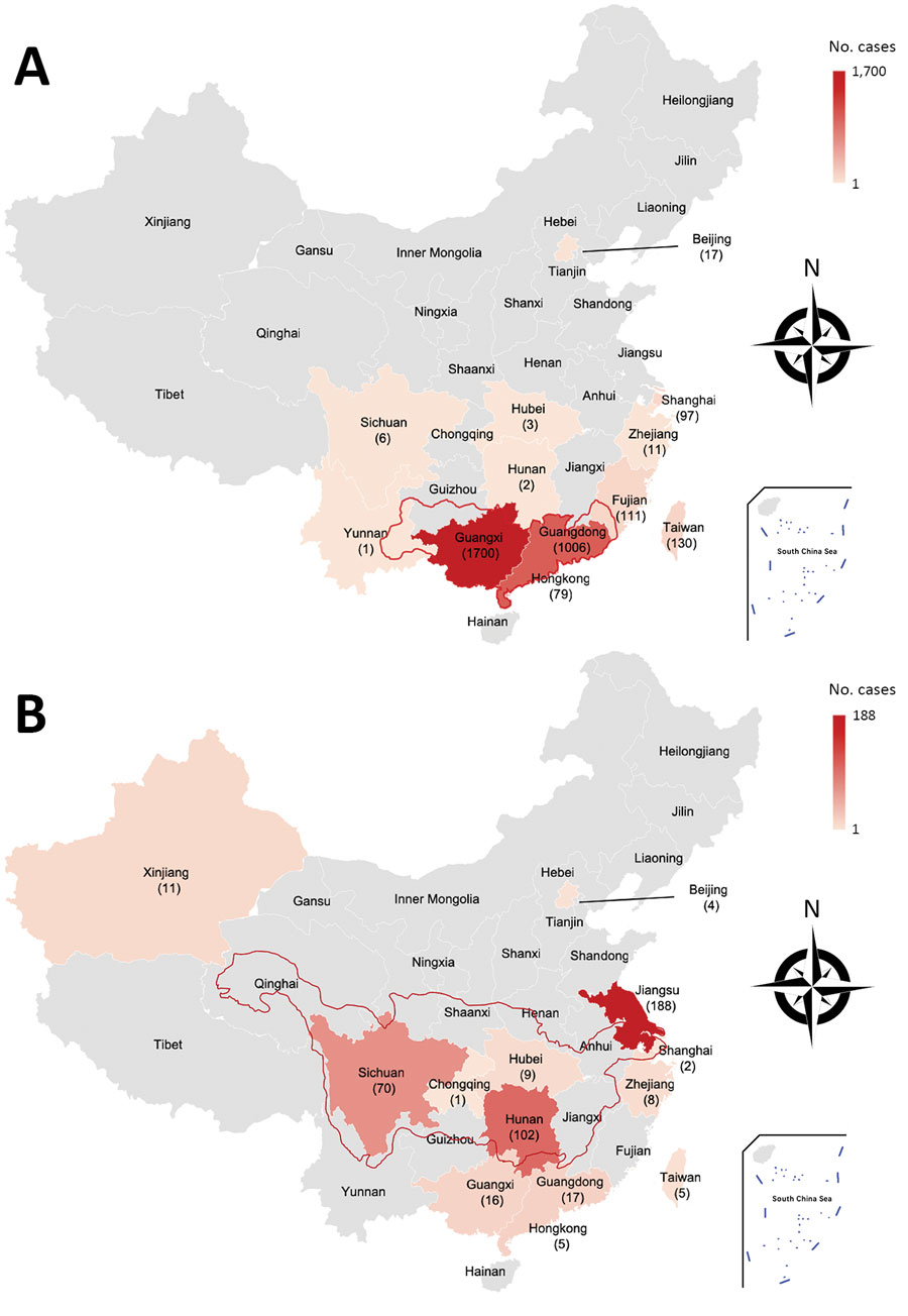 Epidemiology maps for talaromycosis and histoplasmosis, according to the number of reported cases, China. A) Map for talaromycosis. Red border indicates Yangtze River region . B) Map for histoplasmosis. Red border indicates Pearl River Basin. Reports published in English during January 1950–October 2019 were searched.