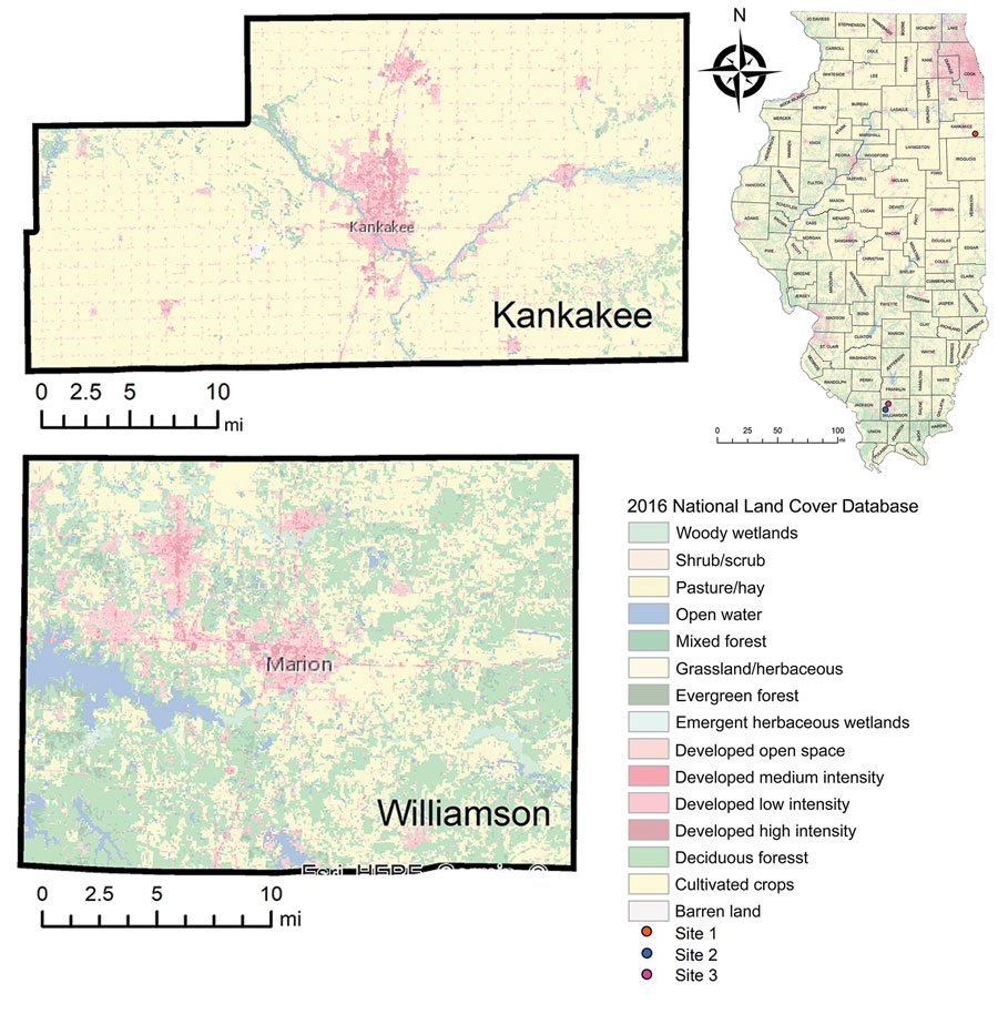 Tick collection sites associated with 2 cases of Heartland virus infection in humans, Kankakee and Williamson Counties, Illinois, USA, 2019. Locations of the counties are indicated by red dots on the Illinois map.