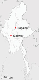 Thumbnail of Locations in Sagaing and Magway Provinces in Myanmar, where suspected scrub typhus patients’ serum samples were collected for study of genotypic heterogeneity of Orientia tsutsugamushi. 