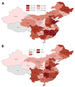 Thumbnail of Doubling time estimates for coronavirus disease in mainland China, by province, January 20–February 9, 2020. A) Harmonic mean of the arithmetic means of doubling time estimates; B) number of times the cumulative incidence doubled during the study period.