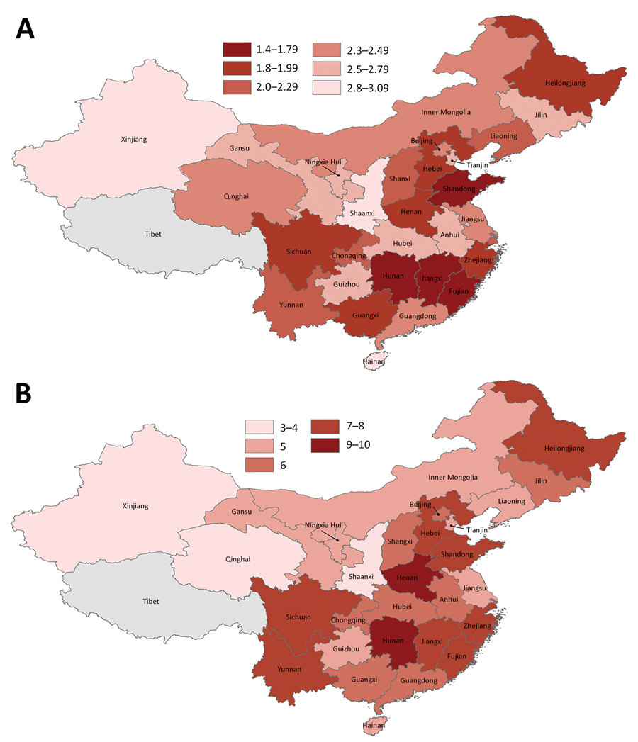 Doubling time estimates for coronavirus disease in mainland China, by province, January 20–February 9, 2020. A) Harmonic mean of the arithmetic means of doubling time estimates; B) number of times the cumulative incidence doubled during the study period.