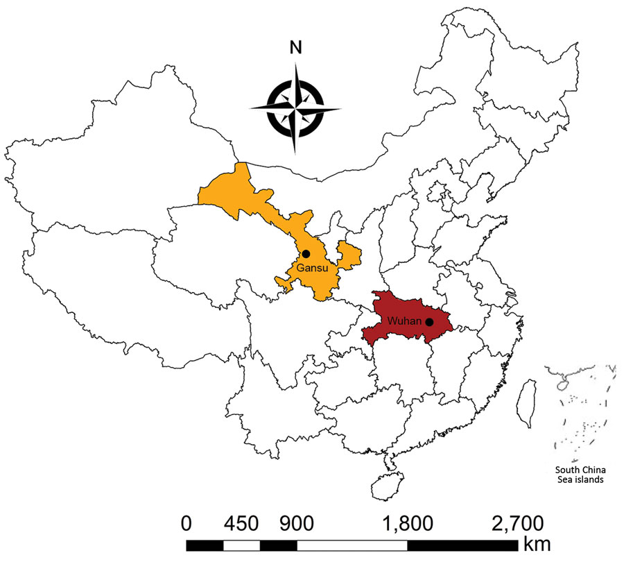 Location of Gansu Province and Wuhan, China. Circles indicate capital cities. 