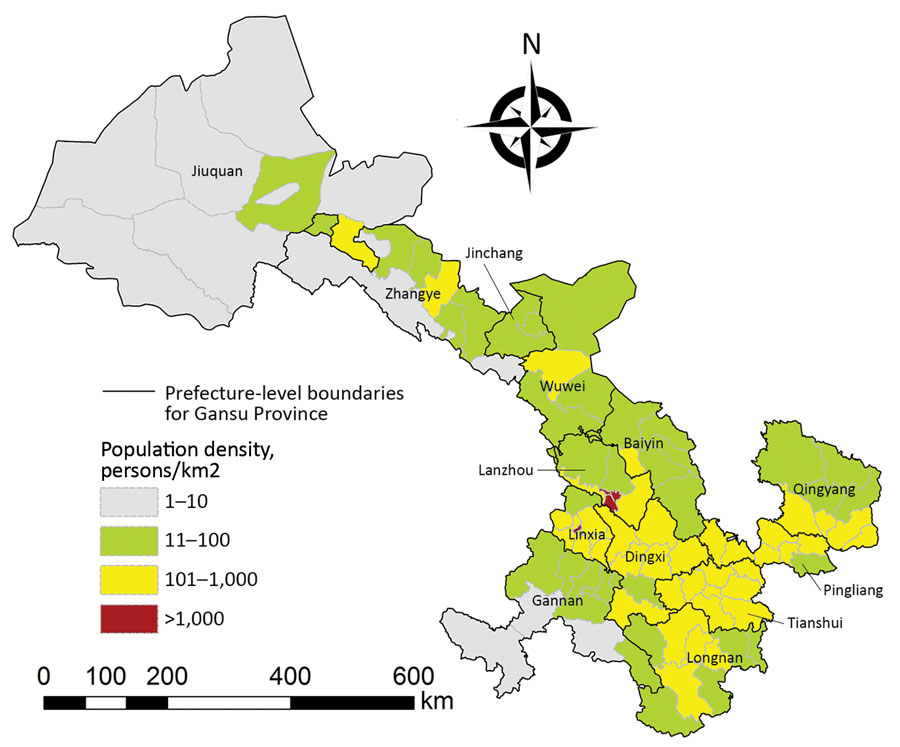 Population density of Gansu Province, China, in 2018.