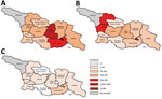Incidence of measles (reported cases/1 million population), by region, Georgia, 2013 (A), 2014 (B), and 2015 (C). Rates for Abkhazia, currently outside government control, could not be calculated because of incomplete surveillance and lack of reliable population data. 