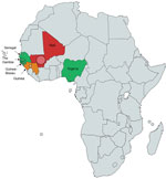 Thumbnail of Geographic distribution of 13 patients infected by Nannizziopsis obscura in West Africa. The different colors represent the number of cases in each country: red for 7 cases, orange for 2 cases, and green for only 1 reported case. The diameter of the circle indicated for each country is proportional to the number of cases reported.