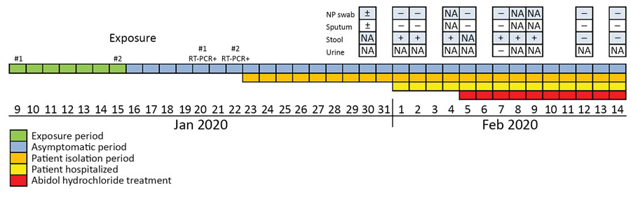 Timeline for detection of novel coronavirus by RT-PCR in stool specimen from asymptomatic child, China, January 9–February 14, 2020. NA, not available; NP, nasopharyngeal; RT-PCR, reverse transcription PCR; +, positive for novel coronavirus RNA by RT-PCR; ±, equivocal for novel coronavirus RNA by RT-PCR; –, negative for novel coronavirus RNA by RT-PCR.
