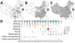 Spatial–temporal dynamics of RABVs in China. Phylogenetic analysis of 1,118 sequences representing 1,118 rabies cases or virus strains, including those obtained in this study using different gene fragments, followed by chronological summation of each subclade. A–C) Distribution of identified subclades during 3 time periods: A) before 2004; B) 2004–2008; C) 2009–2018. D) Quantitative trends of 8 Chinese RABV subclades during 2004–2018. Exact numbers within each subclade are given below the circles. SEA, Southeast Asia.