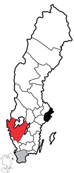 Three regions analyzed in study of nowcasting for influenza epidemics in local settings, Sweden. Black indicates Stockholm County, red West Gothia County, gray Scania County. Included in the map is the island Zeeland (Sjaelland) (which is neighboring to Scania County). Blue indicates the city of Copenhagen (population 2 million) (on the island in the left lower corner of the figure).