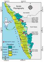Thumbnail of Spatial distribution and detailed timeline of VL cases in the foothills of Western Ghats, Kerala, India. VL, visceral leishmaniasis.