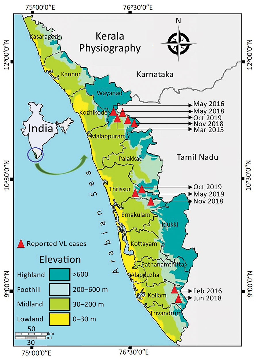 Spatial distribution and detailed timeline of VL cases in the foothills of Western Ghats, Kerala, India. VL, visceral leishmaniasis.