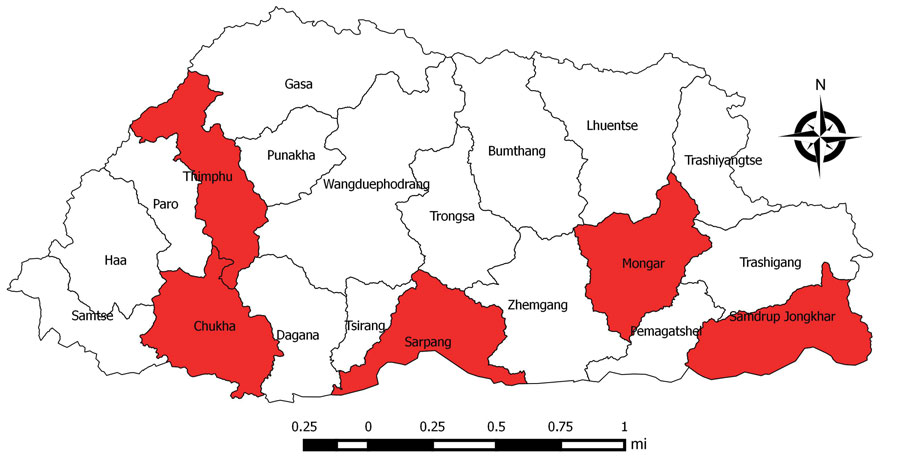 District locations of Japanese encephalitis sentinel surveillances sites (red shading), Bhutan.