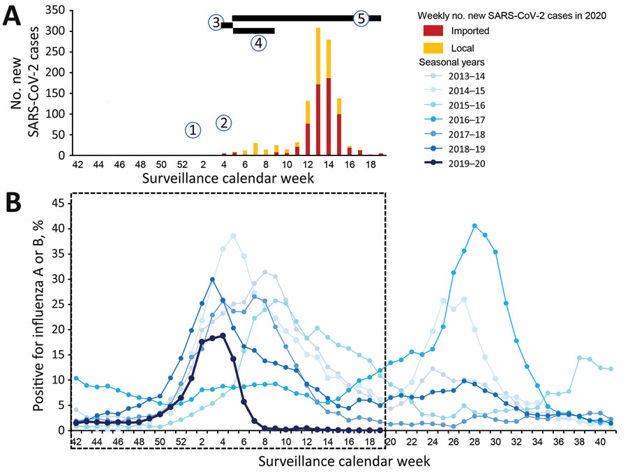 Epidemic curve showing number of reported SARS-CoV-2 cases (A) in Hong Kong, China, and abrupt subsidence during the corresponding 2019–20 winter influenza season (B) compared with 6 preceding years between 2013 and 2019, as derived from the percentage of respiratory specimens tested that were positive for influenza A or B viruses. Onset of winter influenza season is defined as the first week that had an increase in percentage of respiratory samples tested that were positive for influenza A or B viruses, followed by a consecutive increase for >4 weeks. End of the season is defined as the last week that had a decrease of the same percentage, followed by a consecutive decrease for >2 weeks, compared with the previous week. SARS-CoV-2 timelines: 1, on December 30, 2019, the Wuhan Municipal Health Committee issued an urgent notice on treatment for pneumonia of unknown cause; 2, on January 25, 2020, the World Health Organization declared a Public Health Emergency of International Concern; 3, during January 25–28, 2020, the Lunar New Year public holiday occurred; 4, during January 29–March 1, 2020, civil servants made special work arrangements; 5, during January 29–May 26, 2020, schools were closed. SARS-CoV-2, severe acute respiratory syndrome coronavirus 2.