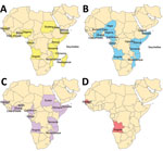 Countries in Africa (indicated by colors) for which dengue virus (DENV) sequences isolated from humans are available in GenBank. A) DENV-1, B) DENV-2, C) DENV-3, D) DENV-4. Further details on search strategy used for this map are available in Appendix Table.
