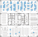 Thumbnail of Floor plan of the 11th floor of building X, site of a coronavirus disease outbreak, Seoul, South Korea, 2020. Blue coloring indicates the seating places of persons with confirmed cases.