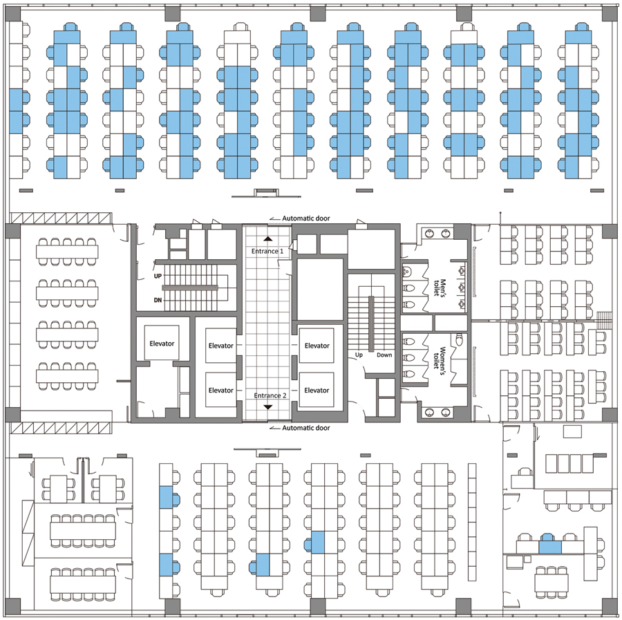 Floor plan of the 11th floor of building X, site of a coronavirus disease outbreak, Seoul, South Korea, 2020. Blue coloring indicates the seating places of persons with confirmed cases.