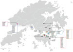 Geographic distribution of 50 coronavirus disease cases, Hong Kong, February 2020. Geographic information is marked according to the residence of the index case-patient in each cluster. Clusters known to be caused by superspreading events are marked by asterisks; other clusters are marked by dots.