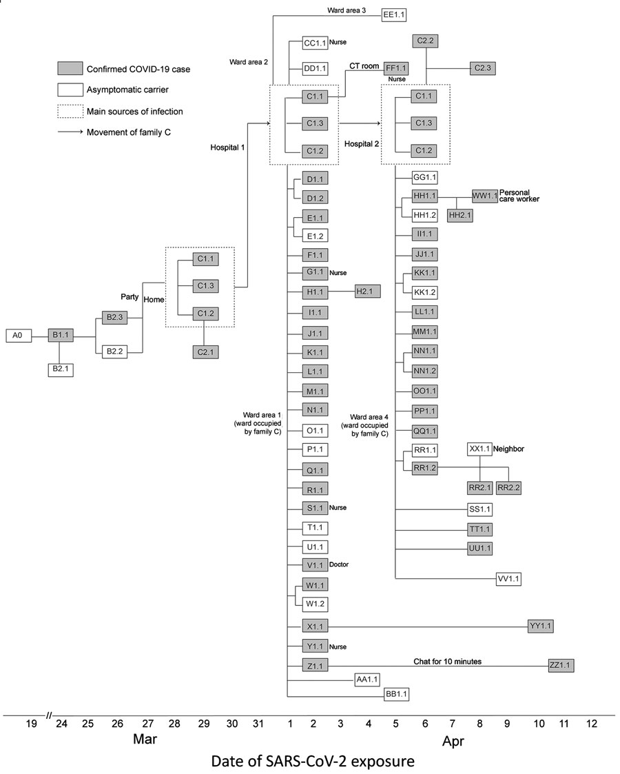 Timeline of exposure and connections between cases of severe acute respiratory syndrome coronavirus 2 (SARS-CoV-2) among persons in Heilongjiang Province, China. A0 returned from the United States on March 19, tested negative for SARS-CoV-2, and self-quarantined in her apartment and remained asymptomatic. However, SARS-CoV-2 serum IgM was negative and IgG was positive in later retests, indicating that A0 was previously infected with SARS-CoV-2 and likely was an asymptomatic carrier. B1.1, A0’s d