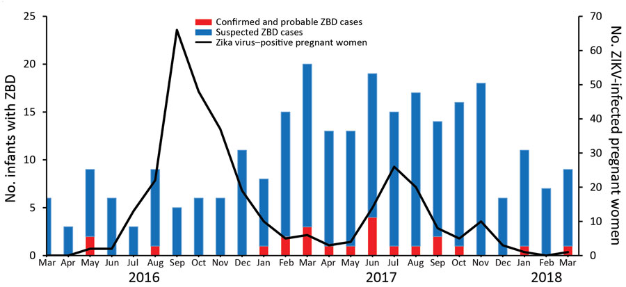 Distribution of infants with reported ZBD and pregnant women with Zika virus infection, by month, Costa Rica, March 2016–March 2018. The peak of Zika virus infection among pregnant women occurred in September 2016; the highest number of suspected cases of ZBD occurred 6 months later, March–October 2017. ZBD, Zika virus–associated birth defects.