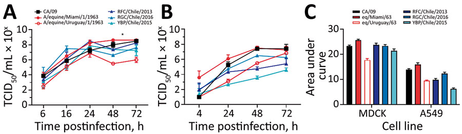 Replicative capacity of H3Nx influenza viruses in vitro. A, B) To evaluate the replication of H3N8 viruses in vitro, MDCK cells (A) and human lung A549 cells (B) were infected at a multiplicity of infection of 0.01, and cell culture supernatants were collected at 6, 16, 24, 48, and 72 hours postinfection. Viral titers were determined by TCID50 analysis in triplicate. Values are mean titers of 3 replicates, and error bars indicate SEMs. Differences were considered significant at p<0.05 (*). C) Cumulative shedding for each cell line and each viral strain shown. TCID50, 50% median tissue culture infectious dose.