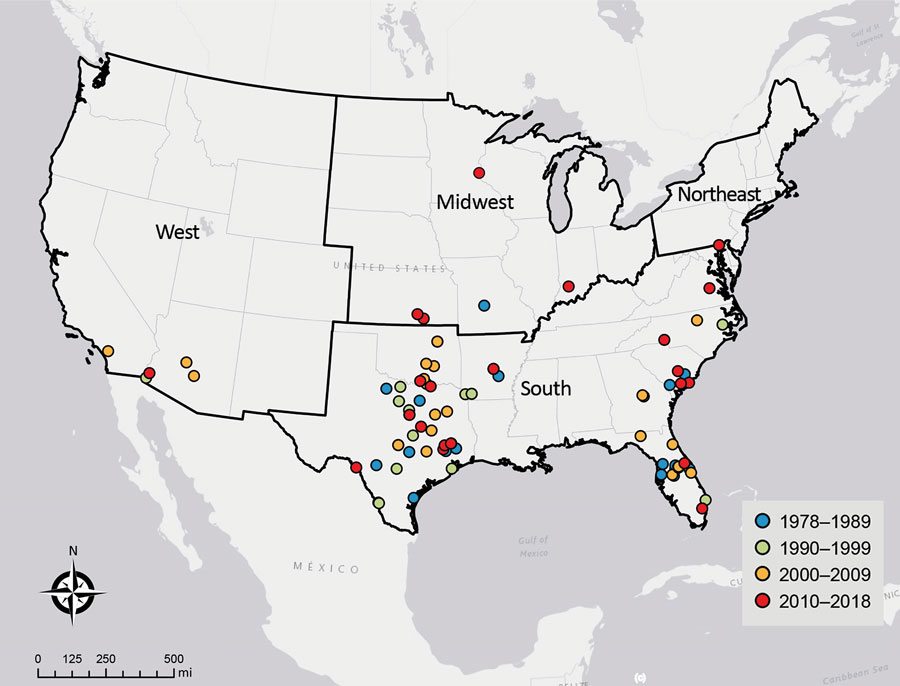 Locations of recreational water exposures associated with cases of primary amebic meningoencephalitis, United States, 1978–2018. Labels indicate US Census Bureau regions.