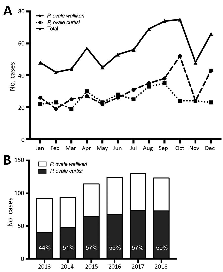 Number of Plasmodium ovale infection cases included in a study analyzing characteristics of P. ovale wallikeri and P. ovale curtisi infections treated in France during January 2013–December 2018, by month of inclusion (A) and year of inclusion (B).