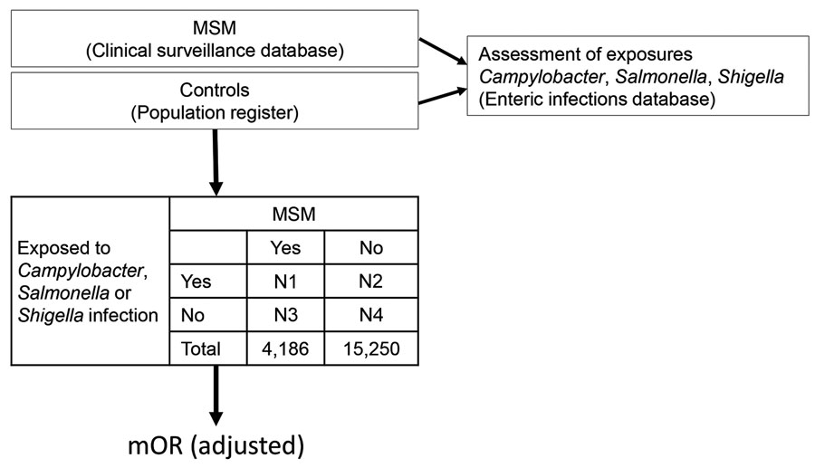 Inverted case-control study design in study of sexual contact as risk factor for Campylobacter infection, Denmark, 2010–2018. mOR adjusted for foreign travel, year of notification, infection with any of the other pathogens, and recurrent infections. mOR, matched odds ratio; MSM, men who have sex with men.
