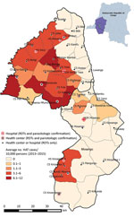 Health facilities performing HAT surveillance and the average human African trypanosomiasis incidence (cases/10,000 population), Democratic Republic of the Congo, 2013–2015. Inset shows location of the country in Africa. Map generated by using QGIS 3.10.1 (4). HAT, human African trypanosomiasis; RDT, rapid diagnostic test.