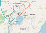 Thumbnail of International flight routes of imported cases (colored lines) and the 4 main points of land entry into Uganda from Kenya, Tanzania, and South Sudan (colored dots).