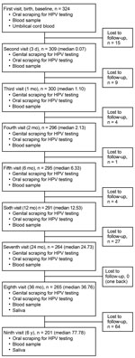 Oral HPV infection in 324 children in the Finnish Family HPV Study during the first 6 years of life. Each visit shows the number of children who participated in the specific follow-up, timeline of the visit, and samples obtained at each visit. HPV, human papillomavirus.