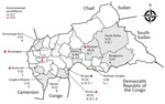 Central African Republic. Shading indicates districts where VDPV-2s were detected May–December 2019: triangles indicate districts where environmental surveillance has been implemented; numbers indicate total numbers of VDPVs; numbers in parentheses indicate number of confirmed poliomyelitis cases, letters A–L indicate VDPV lineages (based on the viral capsid protein 1–encoding region [Figure 2, panel A]). VDPV-2, type 2 vaccine-derived polioviruses.