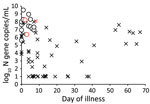 Severe acute respiratory syndrome coronavirus 2 RNA load, virus culture, and days after onset of illness in respiratory specimens and duration of illness for patients with mild coronavirus disease, Hong Kong. ¡ indicates samples positive by virus culture and × indicates samples negative by virus culture. Red indicates 2 critically ill patients and 1 patient who died; black indicates mild, moderate, or asymptomatic infections. The limit of detection of the viral N gene RNA was 1 log10 copies/mL; undetectable virus load is indicated as the limit of detection. N, nucleoprotein.